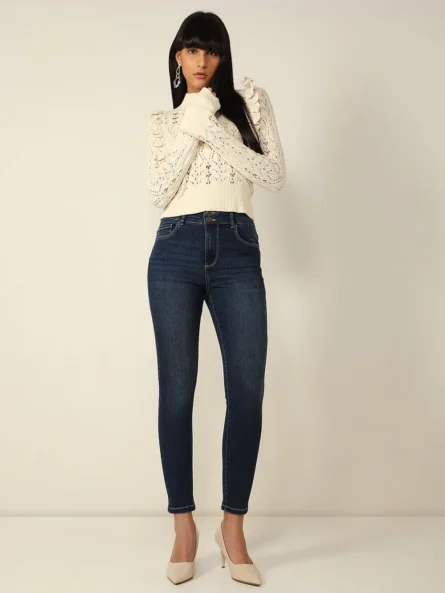 BLUE HIGH RISE DOUBLE BUTTON SLIM JEANS