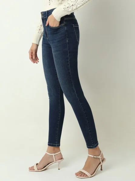 BLUE HIGH RISE DOUBLE BUTTON SLIM JEANS - Image 5