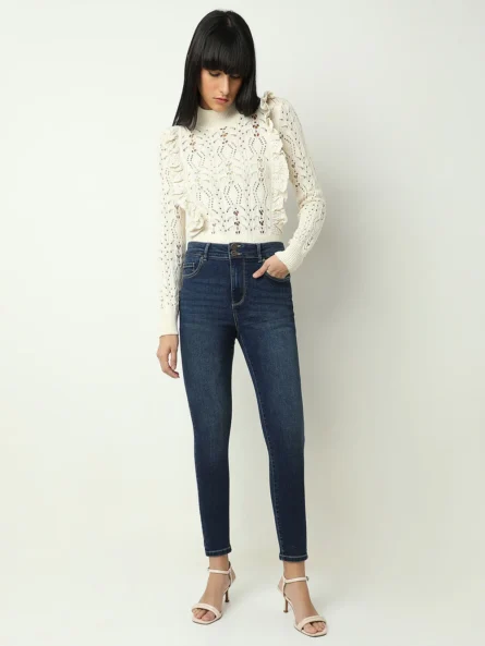 BLUE HIGH RISE DOUBLE BUTTON SLIM JEANS - Image 3